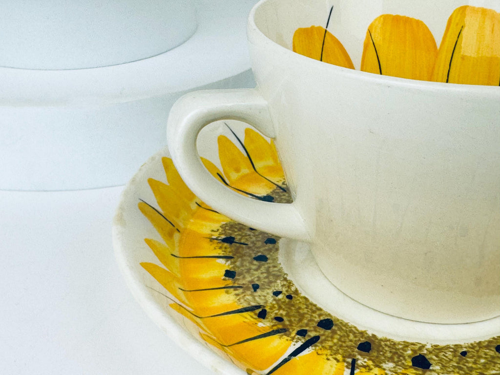 Product image for 'vintage vera jamaica hand painted mug saucer set 1960s pottery sunflower or plum design island worcester ceramic tableware' (view 9c4330)