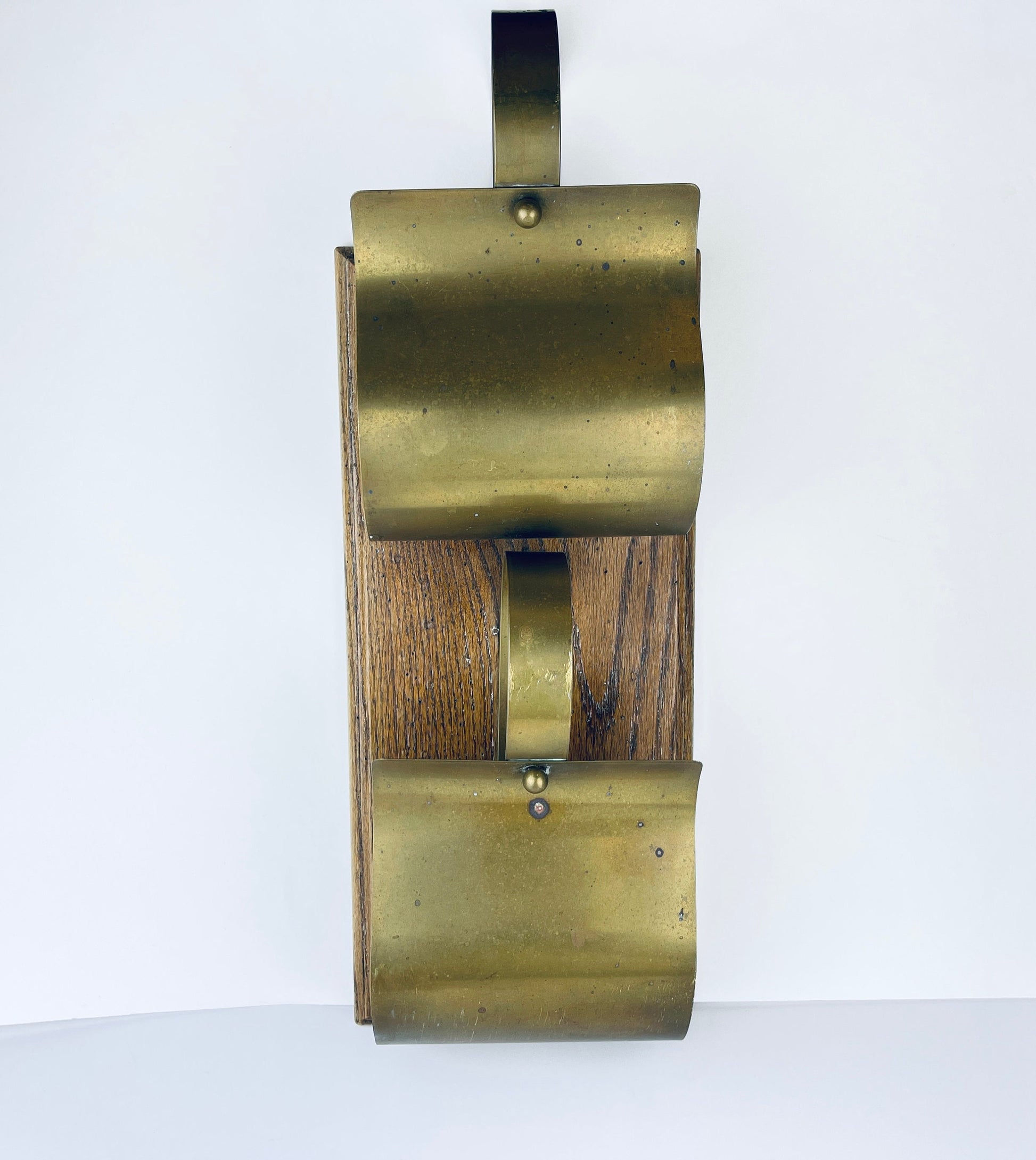 Product image for 'vintage oak wood brass wall mounted shelf organizer two large compartments attractive aged metal patina' (view 64d3d9)