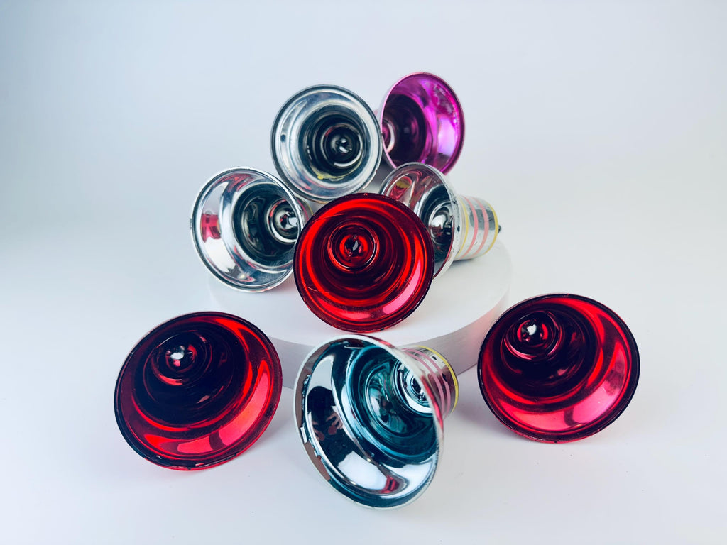 Product image for 'vintage pink silver striped plastic bell christmas tree ornaments set of eight 8' (view 4dc355)