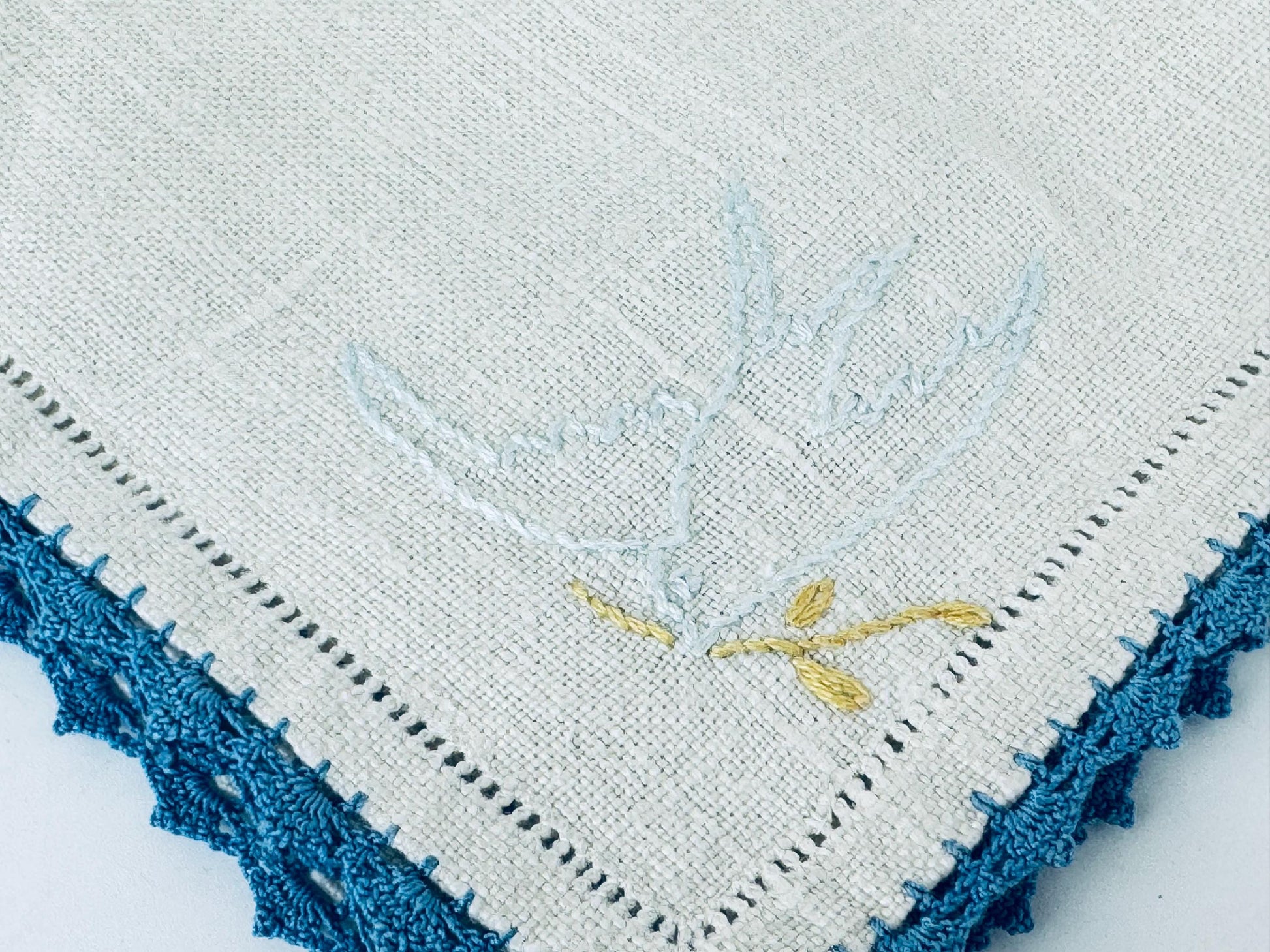 Product image for 'vintage 1940s embroidered linen napkins beige blue lace edge bird motif set of 4 table linens' (view eddf3d)