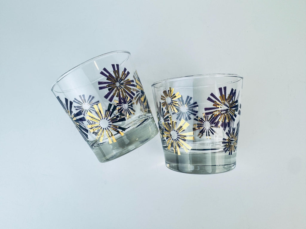 Product image for 'vintage libbey gold purple atomic starburst low ball drinking glasses set of two 2' (view 40e413)