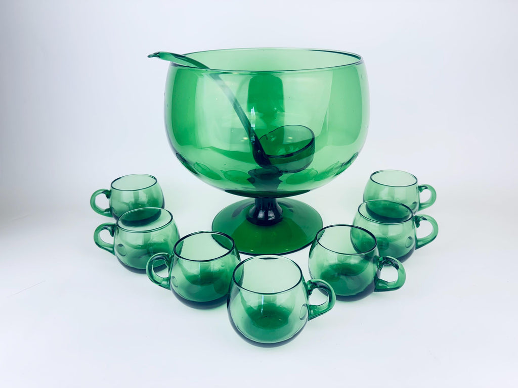 Product image for 'vintage verde green italian empoli art glass footed punch bowl set ladle seven 7 cups italian art glass elegance' (view f3c167)