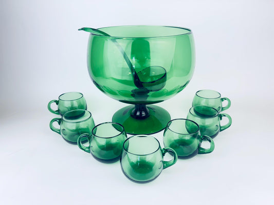Product image for 'vintage verde green italian empoli art glass footed punch bowl set ladle seven 7 cups italian art glass elegance' (view f3c167)