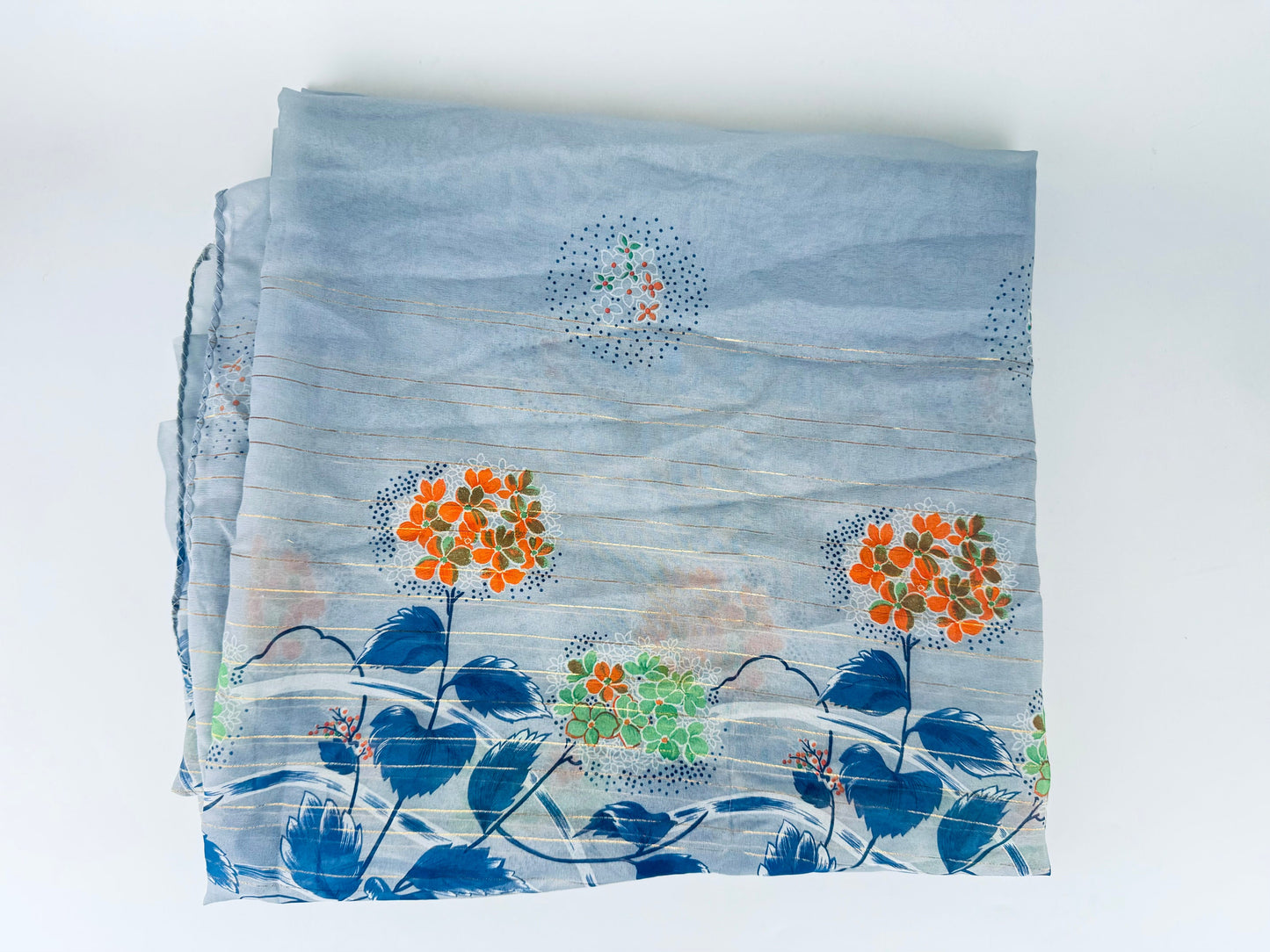 Product image for 'vintage grey lightweight sheer asian floral print metallic striped crepe fabric by lady hamilton 44 x 208 made in japan' (view e9920f)