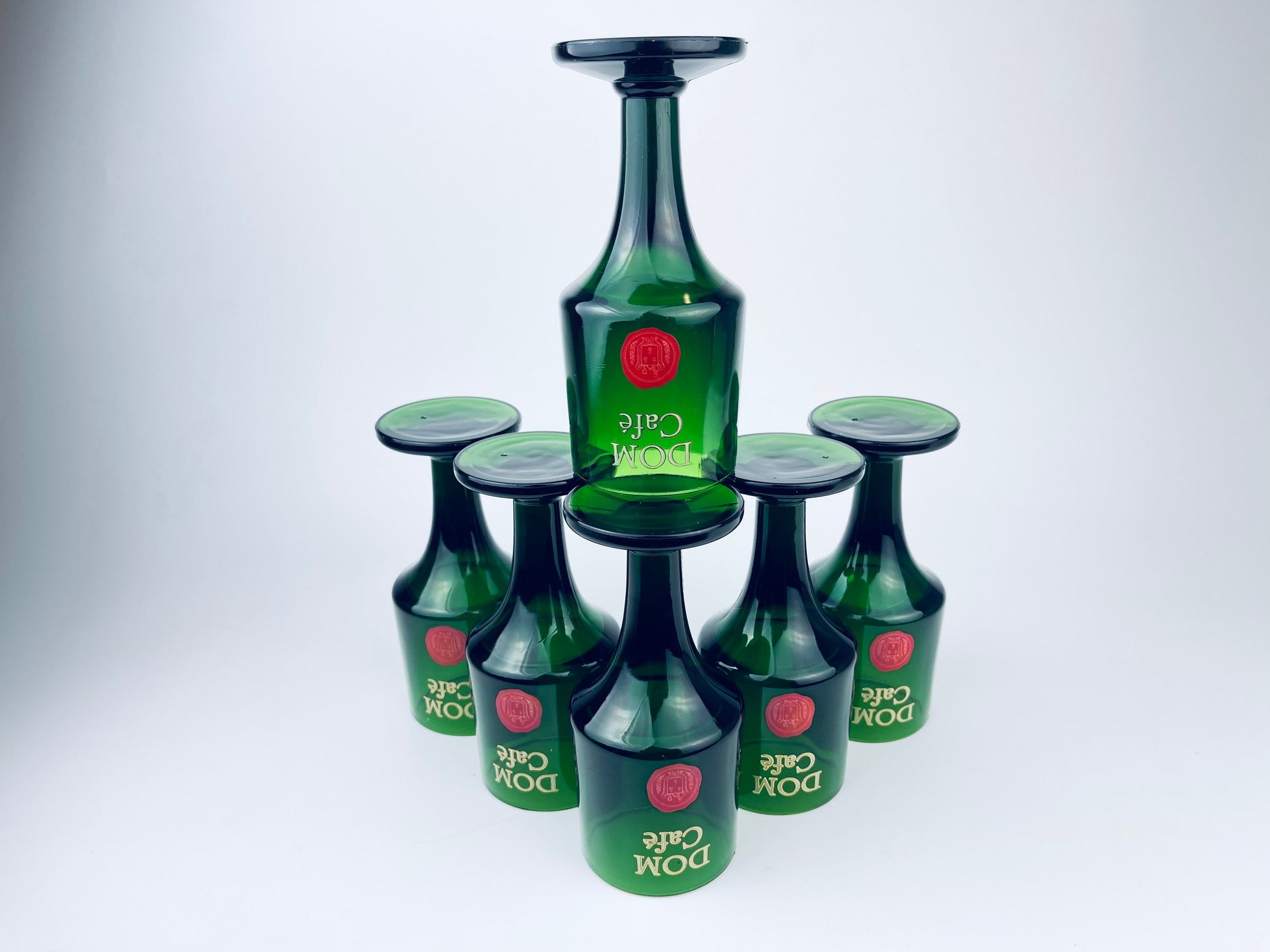 Product image for 'vintage 1970s mid century emerald green dom cafe glasses heavy pressed glass set of 6 liqueur wine goblets' (view f27a68)