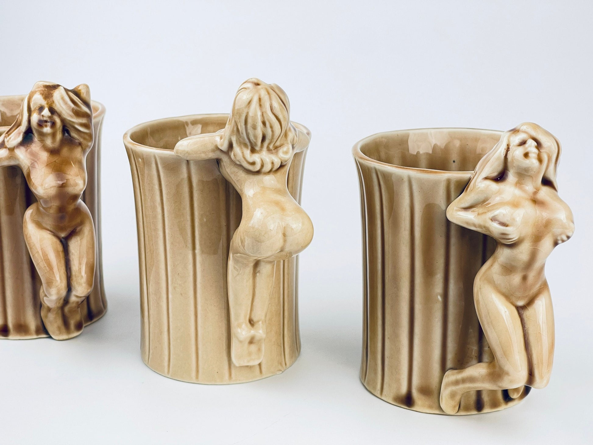 Product image for 'vintage risque nude woman striped brown ceramic mug shafford japan sold individually groomsmen barware gift' (view 6ef420)