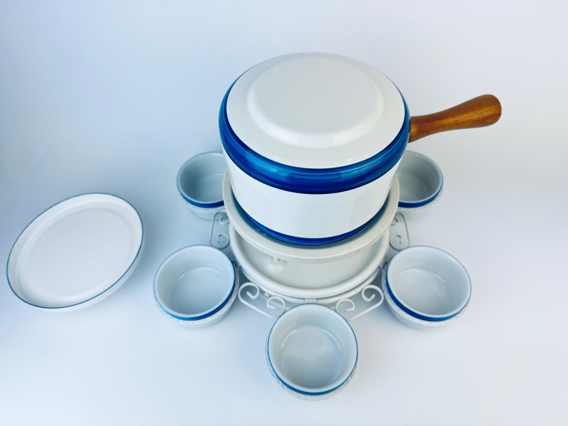 Product image for 'vintage white blue striped lazy susan fondue set' (view 4f6bd3)