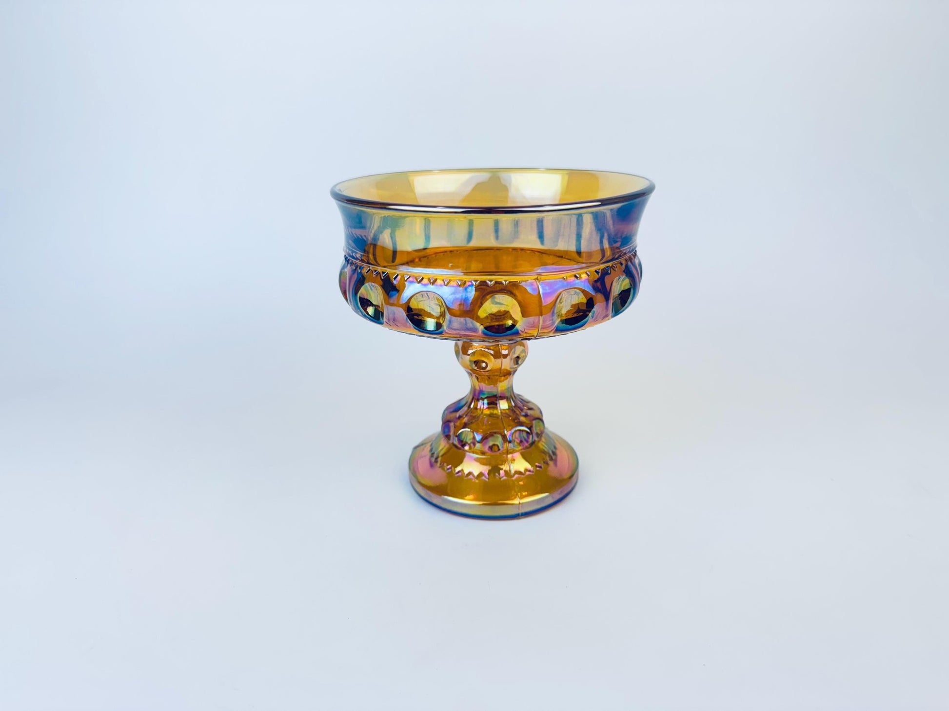 Product image for 'vintage amber carnival glass kings crown thumbprint pedestal compote candy bowl by indiana glass company' (view 170d70)