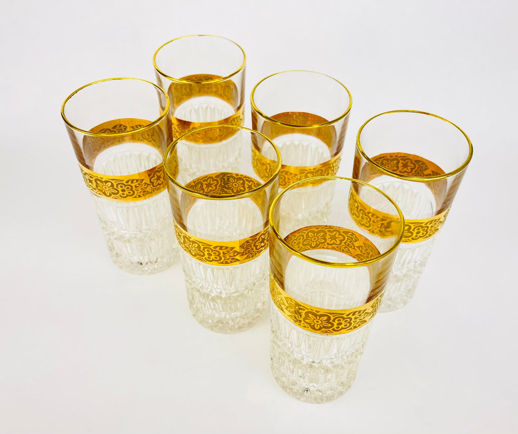 Product image for 'vintage heavy crystal gold highball water tumblers flower gold band with gold rimmed top set of six 6' (view ab8621)