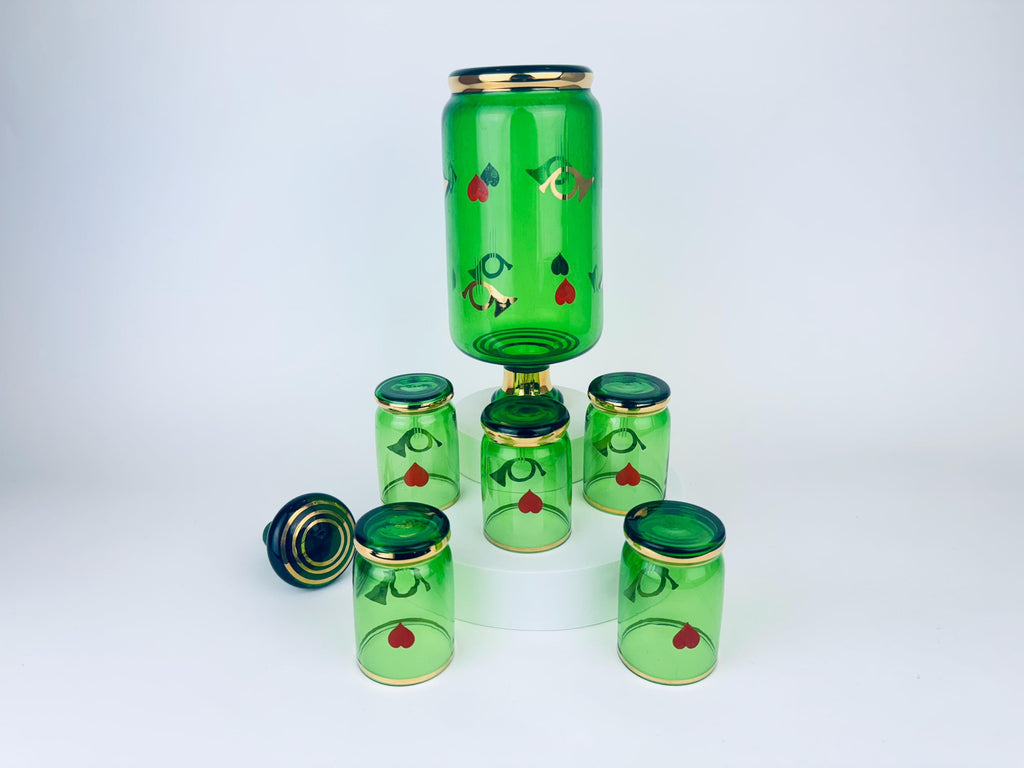 Product image for 'vintage mid century emerald green gold glass decanter shot glass set 1960s mcm heart trumpet barware' (view f20836)