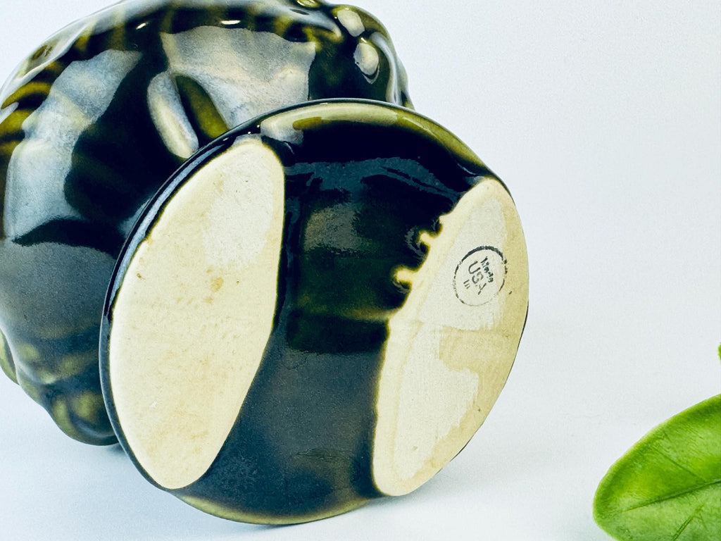 Product image for 'vintage brush pottery olive green glazed ceramic merry mushroom woodland pedestal indoor planter made in usa' (view 37283b)