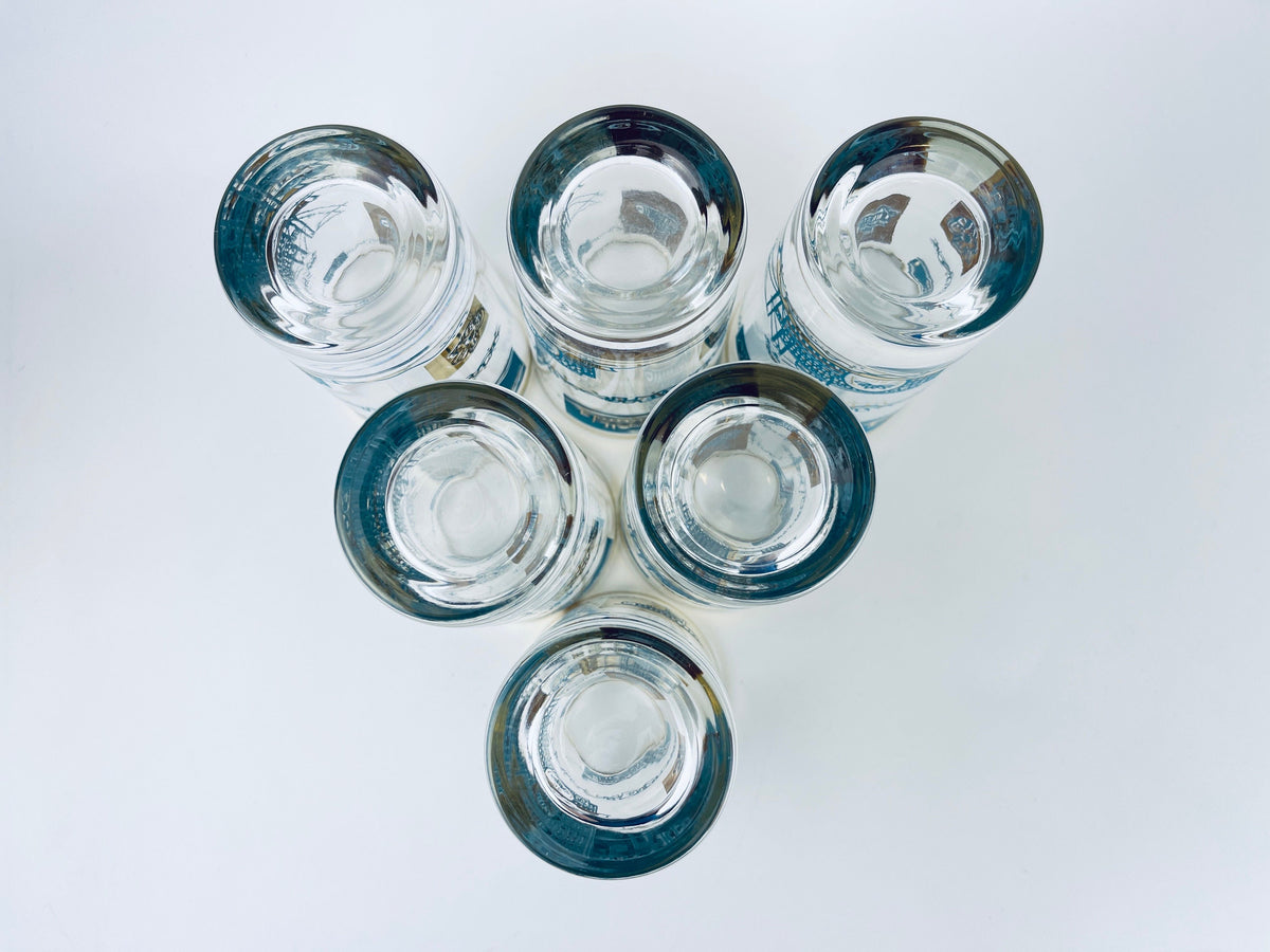 Product image for 'vintage mcm riverboat highball glass barware set set of six 6 22 kt gold aqua teal southern comfort libbey glassware' (view f4e995)