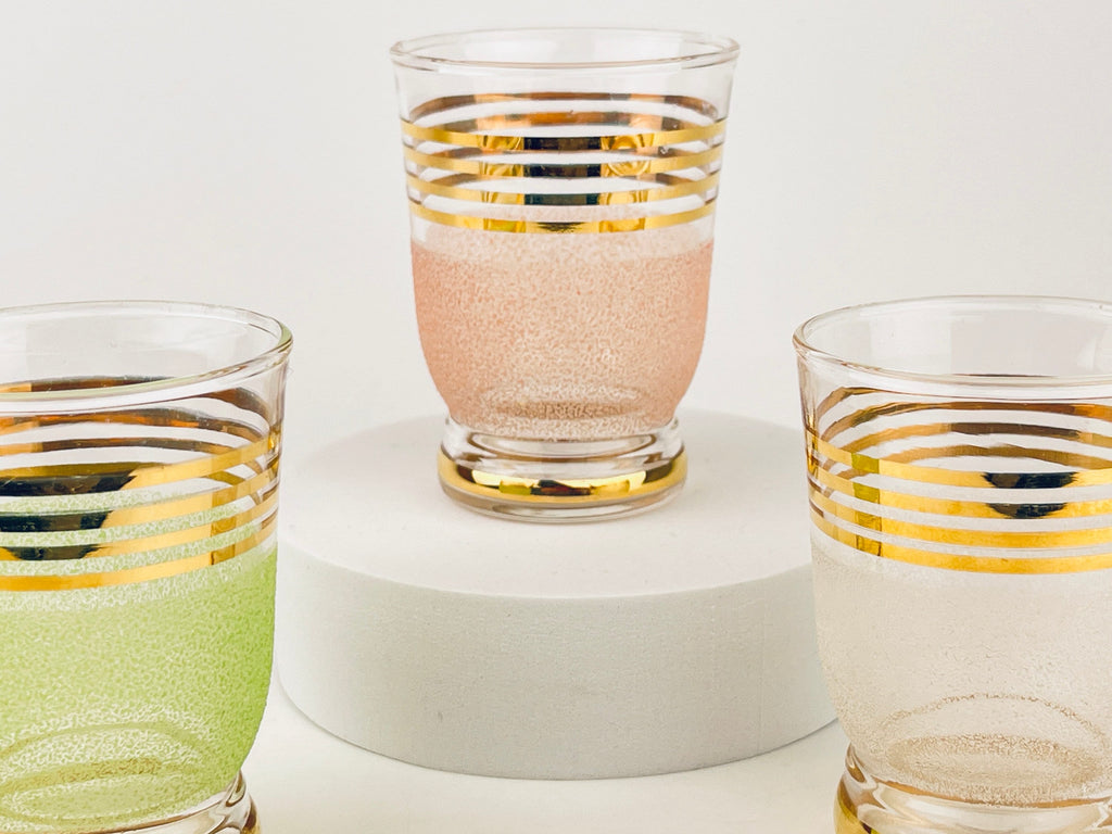 Product image for 'vintage gold striped sugar coated drinking shot glasses set of three 3 pink green white' (view 6ae340)