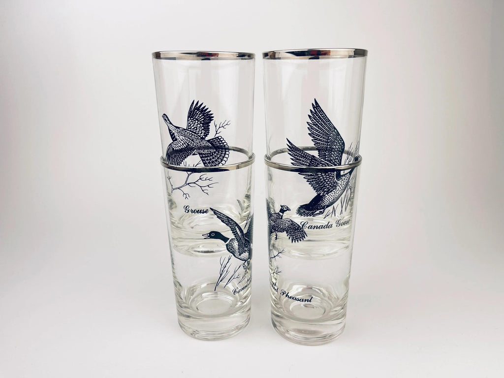 Product image for 'vintage foul bird drinking glasses clear silver rimmed perfect hunter gift sets sold separately' (view f1a929)