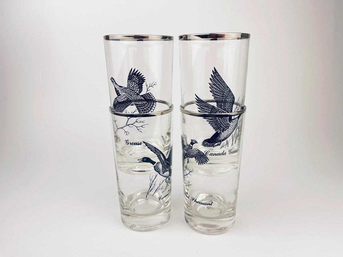Product image for 'vintage foul bird drinking glasses clear silver rimmed perfect hunter gift sets sold separately' (view f1a929)