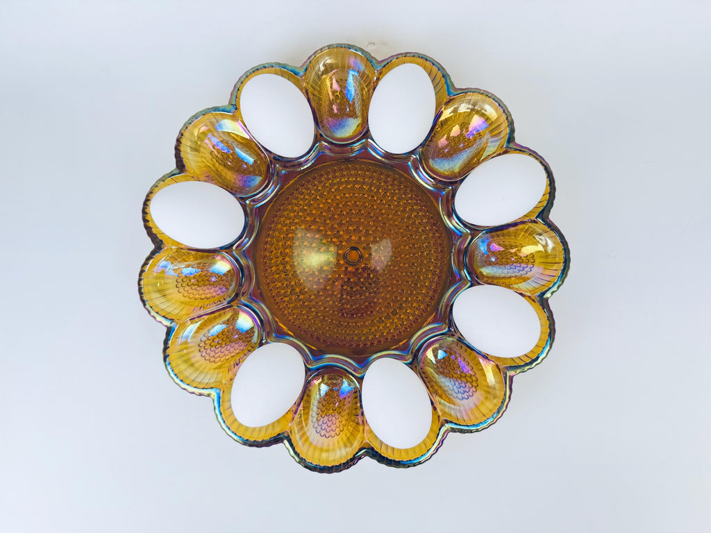 Product image for 'vintage carnival glass devilled egg plate scalloped edge hobnail bottom' (view 42e370)