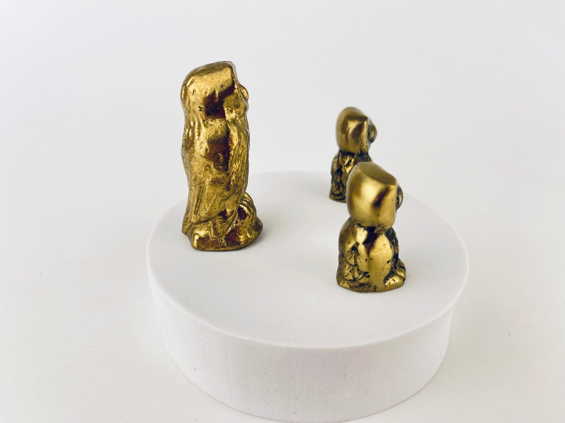 Product image for 'vintage small solid brass owl tabletop figurines attractive aged metal patina sold separately made in canada' (view df00c7)