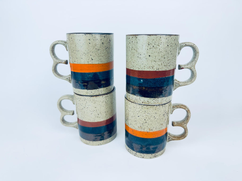 Product image for 'vintage 1970s stoneware mugs speckled glaze with bold stripes double loop handles set of 4 retro coffee cups' (view 2d1ead)