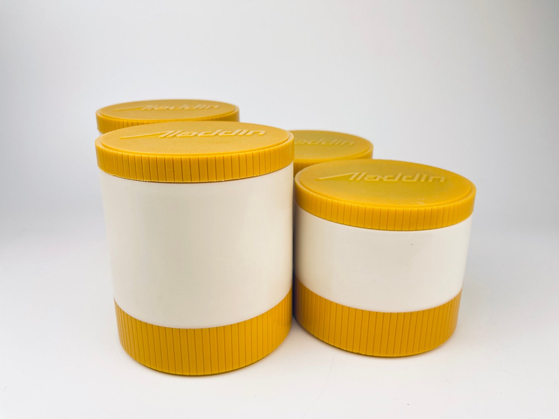 Product image for 'vintage 70s aladdin yellow beige thermos insulated vacuum sealed jar sold individually made in canada freezer lid' (view 2d3880)