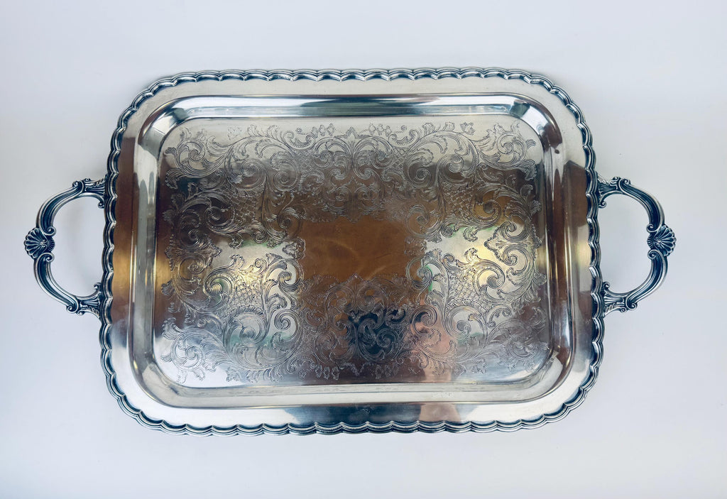Product image for 'vintage antique ornate scroll silver handled tray primerose plate' (view d1844c)