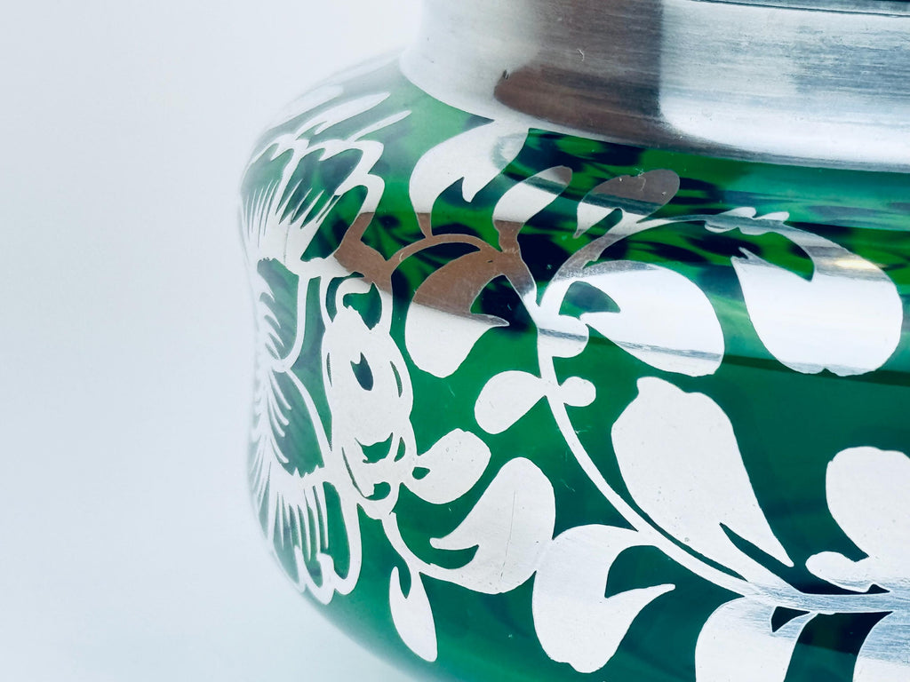 Product image for 'vintage dark forest green lidded glass vanity dresser jar silver floral leaf overlay pattern' (view 4c867e)