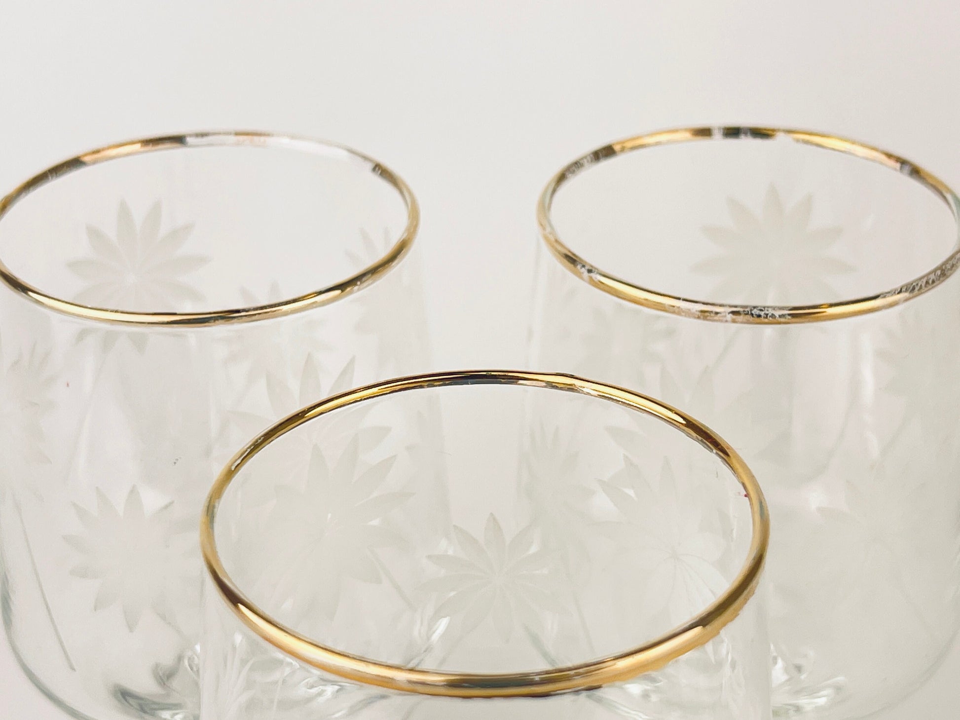 Product image for 'vintage gold rimmed white matte pinwheel pattern mini goblets set of three 3 barware gift' (view cfbc6a)