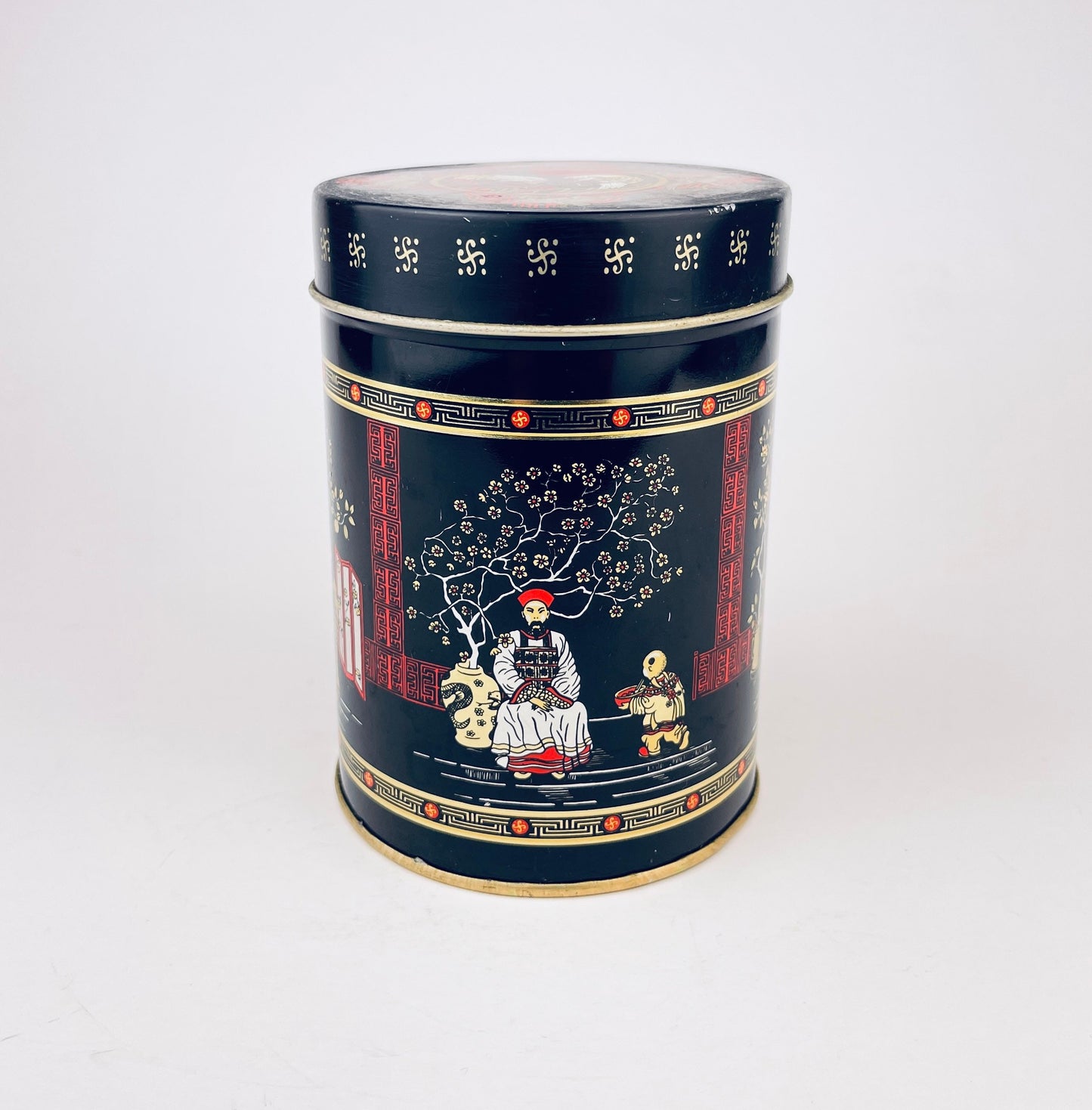 Product image for 'vintage japanese chinoiserie tea tin canister geishas cranes cherry blossom tree pattern' (view 3e264c)