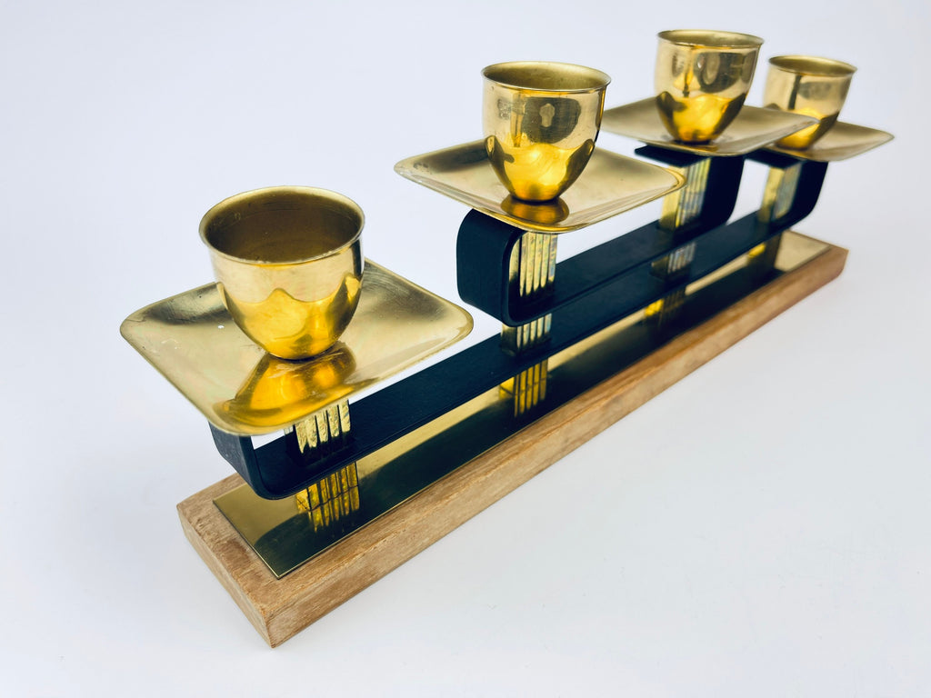 Product image for 'vintage brass teak candlestick holders attractive aged patina centrepiece decor' (view 816841)