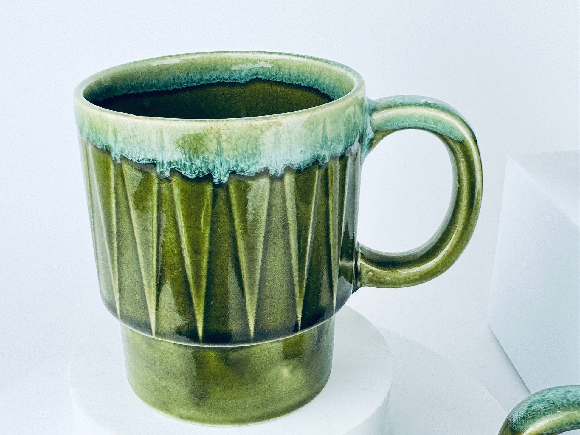 Product image for 'vintage green beige geometric drip glazed ceramic coffee tea mugs set of four 4 sets sold separately made in japan' (view 1aee3b)