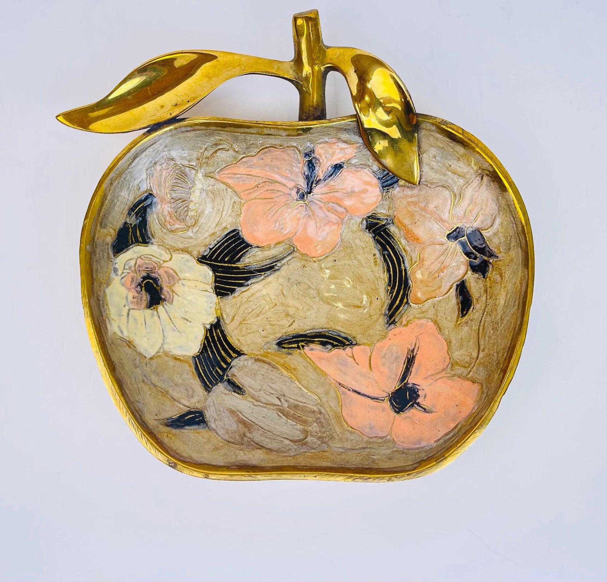 Product image for 'vintage brass cloisonne enamel floral dish hand painted mid century accent sold separately' (view 5bea41)
