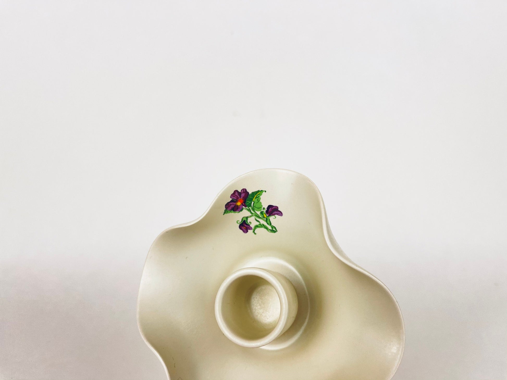 Product image for 'vintage 1970s ruffled white ceramic candlestick holder floral motif' (view c48403)