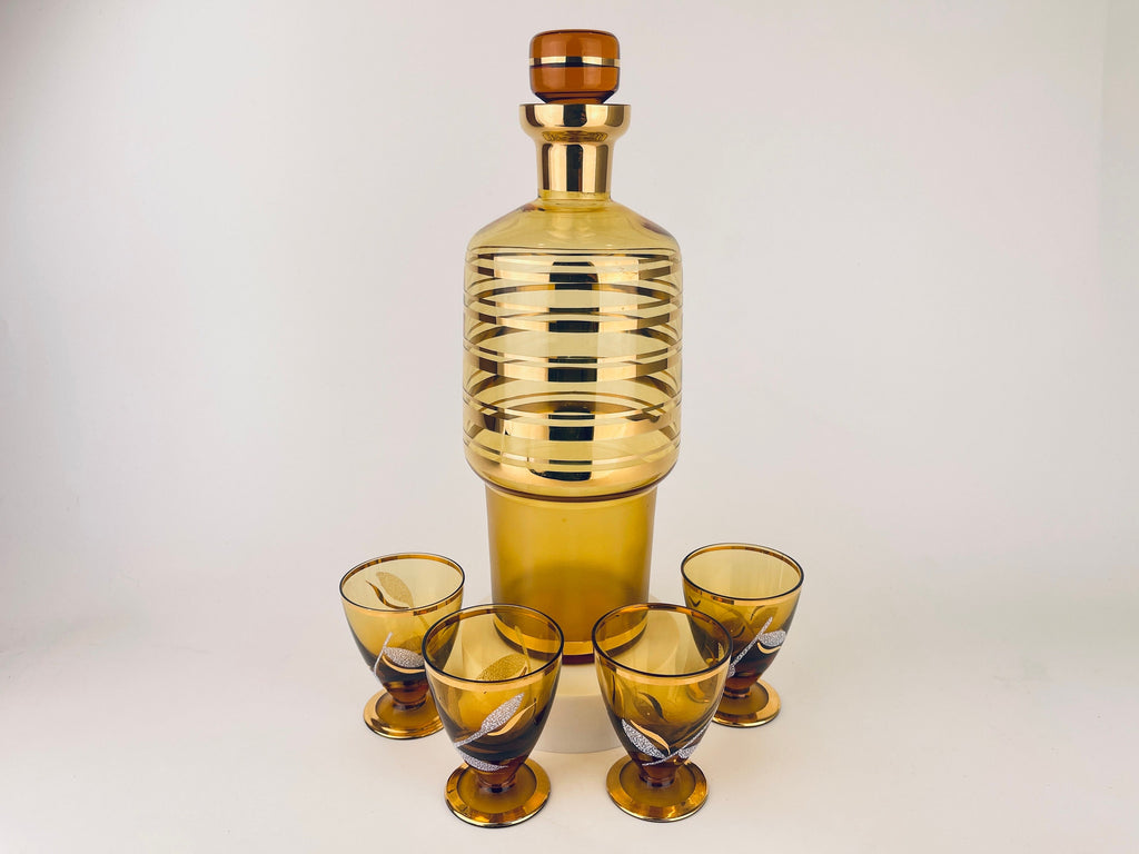 Product image for 'vintage amber gold striped glass barware set decanter shot glasses bohemia crystal made in czechoslovakia barware gift' (view c17053)
