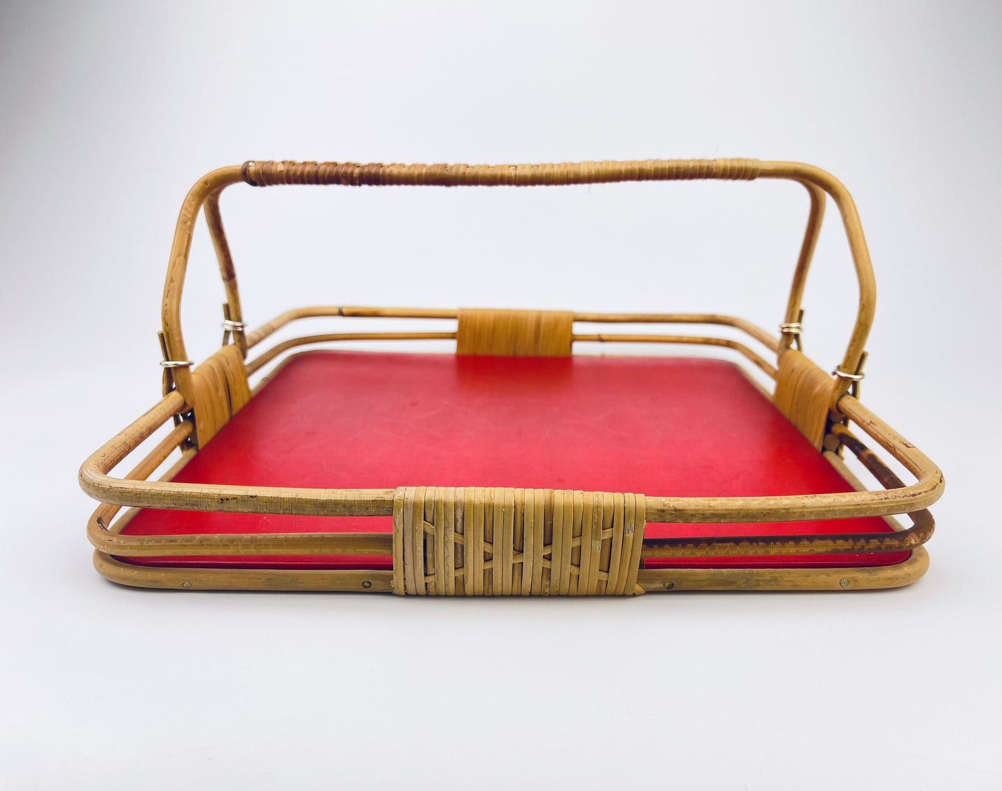 Product image for 'vintage bamboo wicker serving tray with bold red base' (view ba5777)