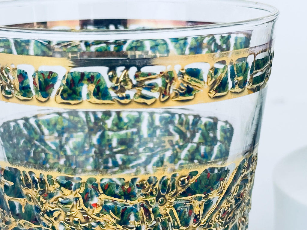 Product image for 'vintage gold green pattern lowball whiskey glasses dominion glass company set of two 2' (view 5d61be)