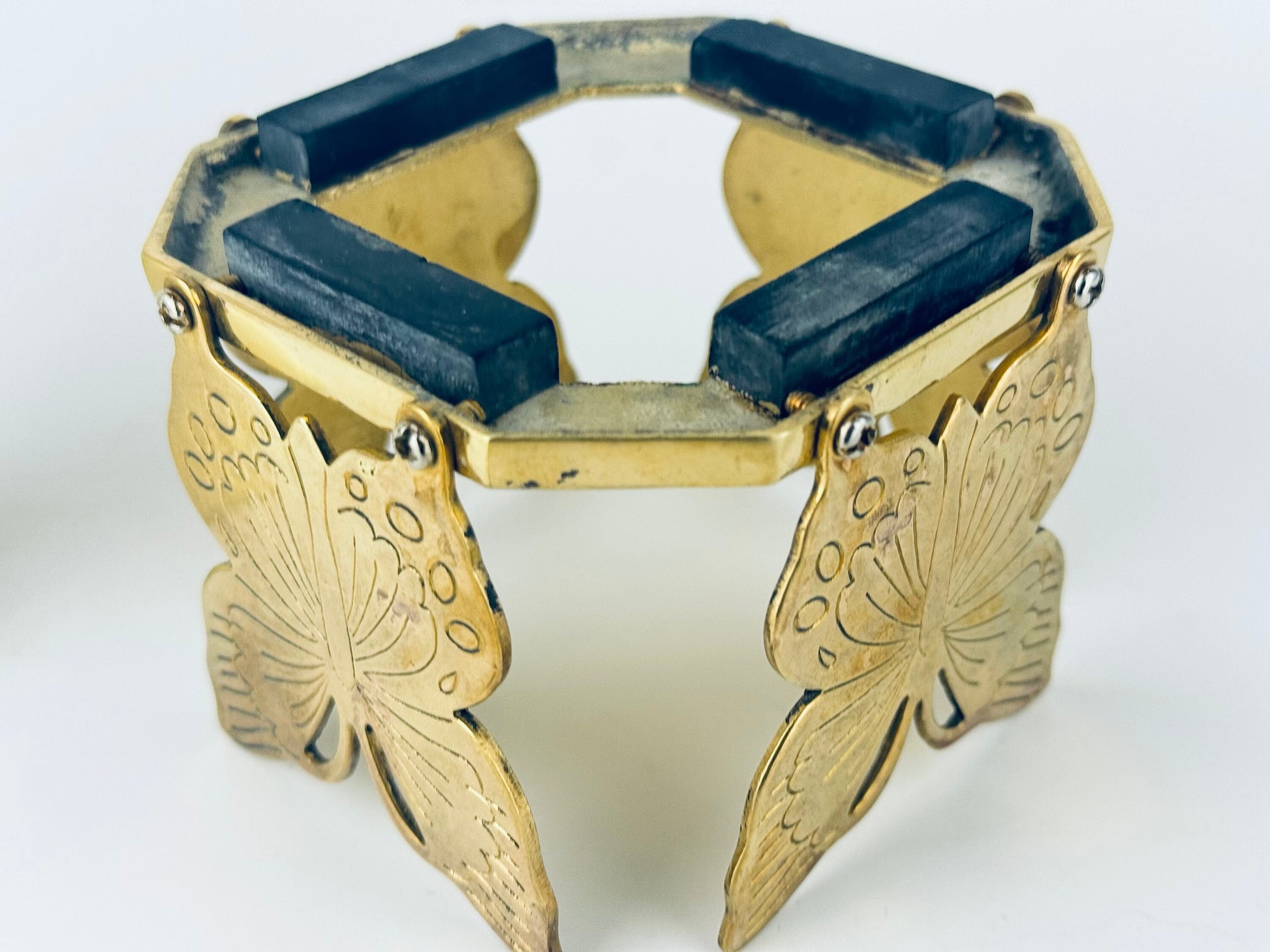 Product image for 'vintage solid brass square butterfly candle crystal ball holder attractive aged metal patina' (view 9aa78c)