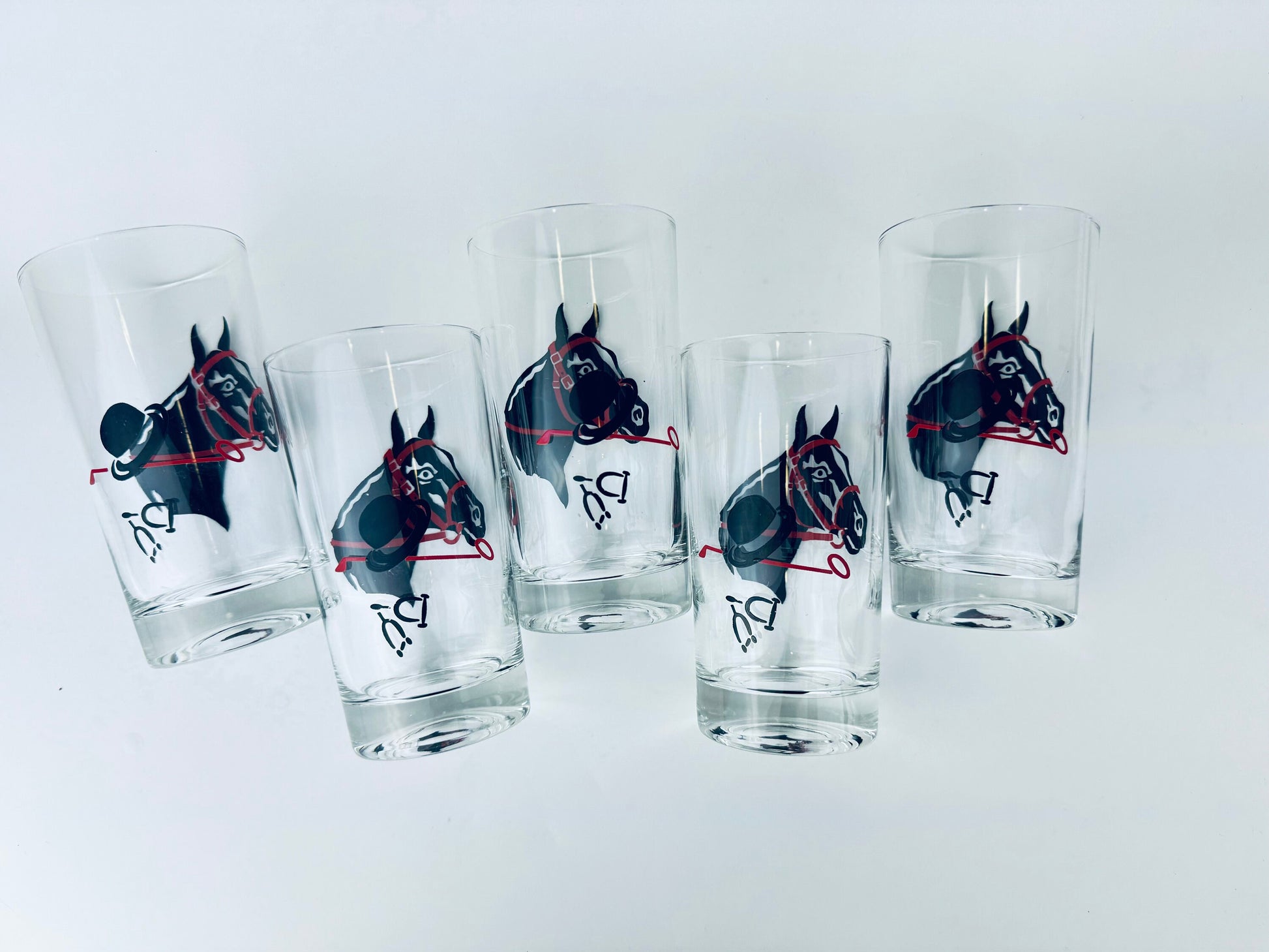 Product image for 'vintage racing kentucky derby hat horse equestrian drinking highball barware glasses federal glass set of five 5' (view 64b485)