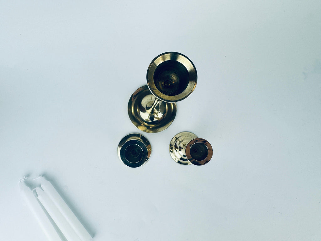 Product image for 'vintage tabletop brass small mini spell prayer candle stick holders mixed lot of three 3 attractive aged metal patina' (view 8e3a5d)