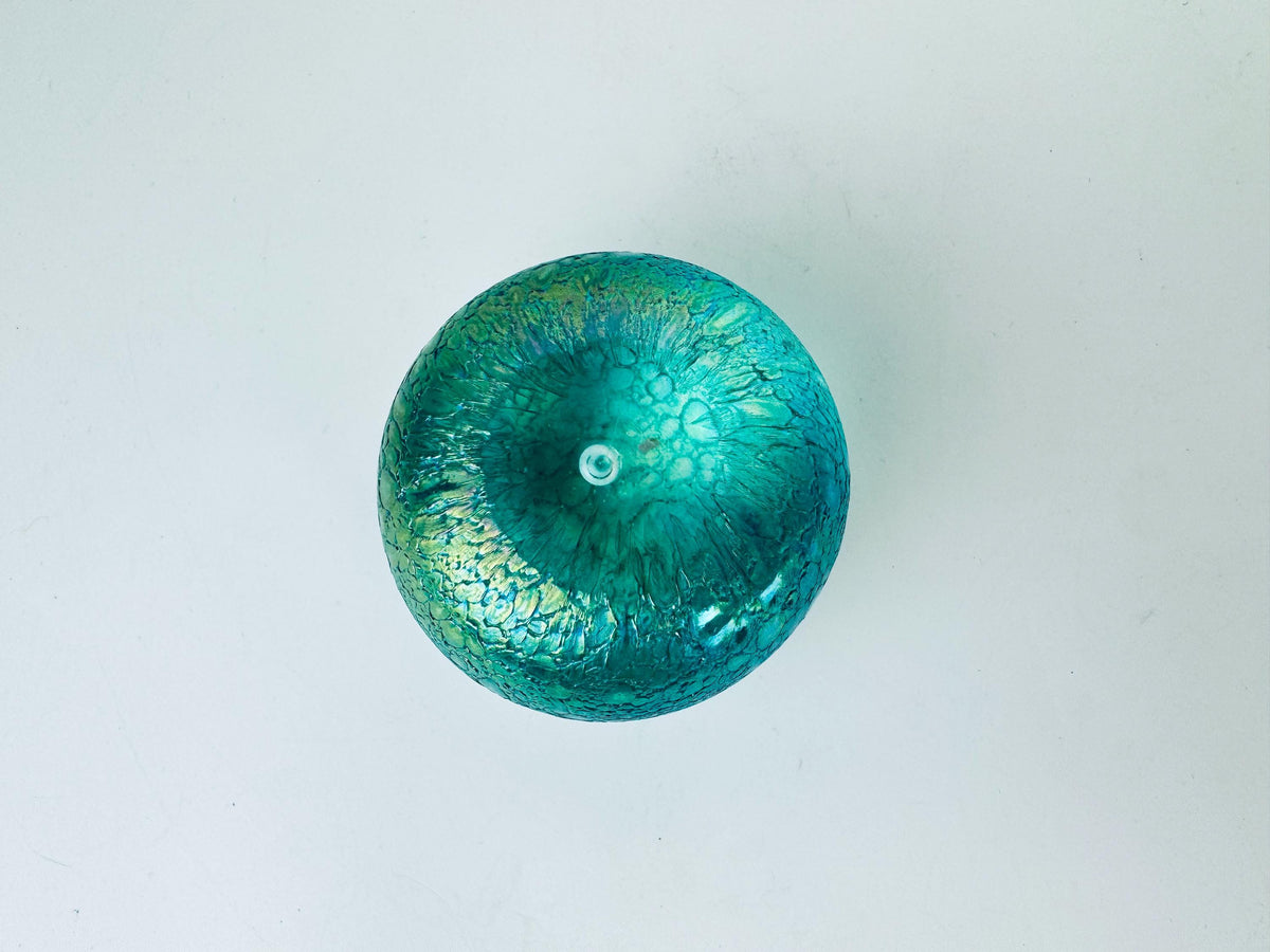 Product image for 'vintage round green iridescent crackle art glass paperweight heron glass studio made in england' (view 058b2f)