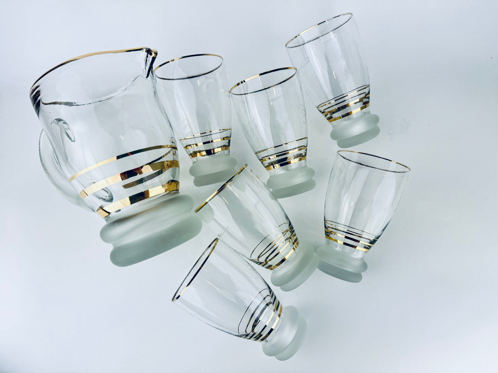 Product image for 'vintage gold striped frosted glass decanter glassware barware set six 6 glasses' (view 37f08a)
