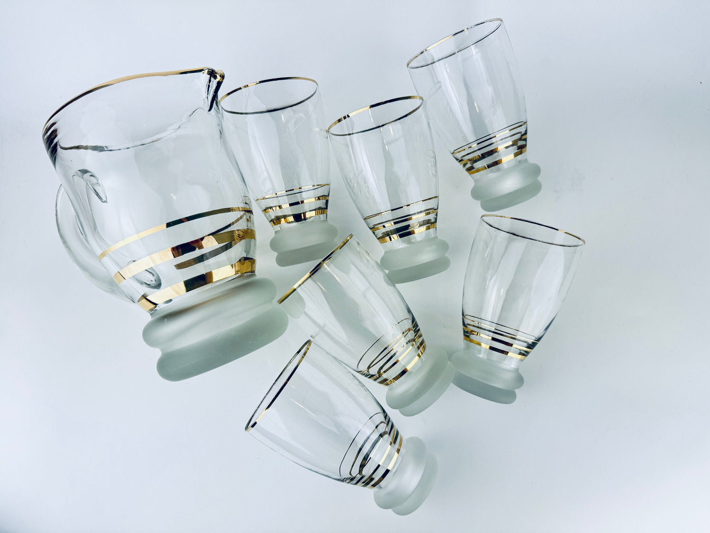 Product image for 'vintage gold striped frosted glass decanter glassware barware set six 6 glasses' (view 37f08a)