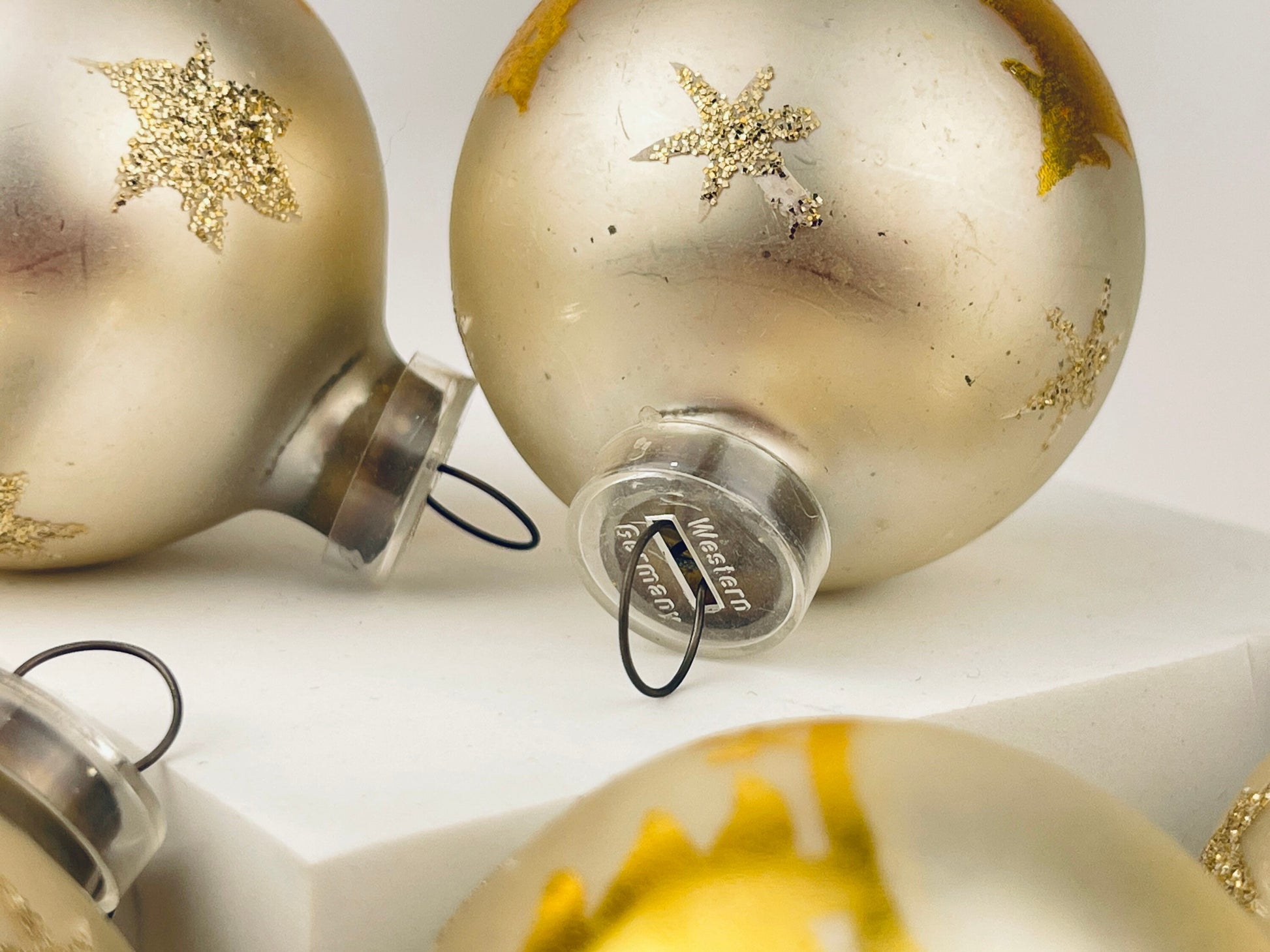Product image for 'vintage hand painted tree star silver gold glass christmas tree ornaments set of six 6 made in west germany' (view a20557)