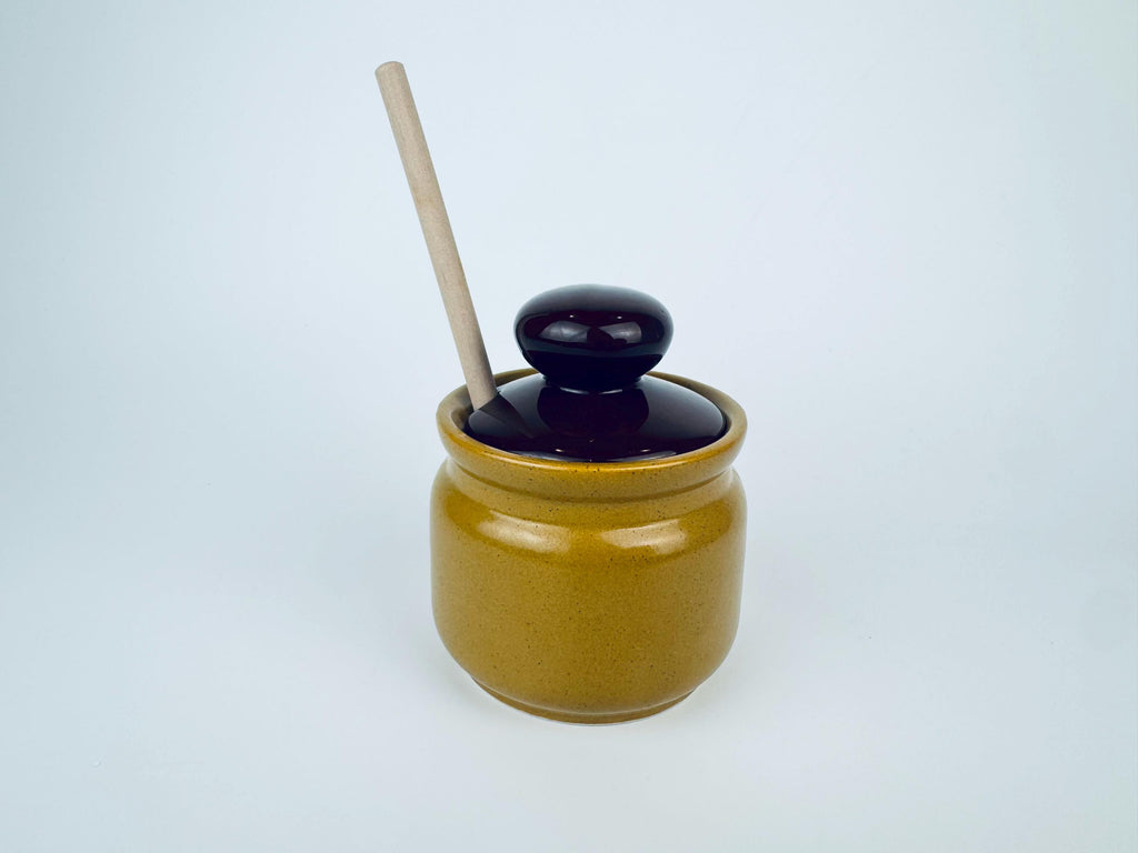 Product image for 'vintage glazed ceramic honey jar with wooden dipper made in japan' (view b7977e)