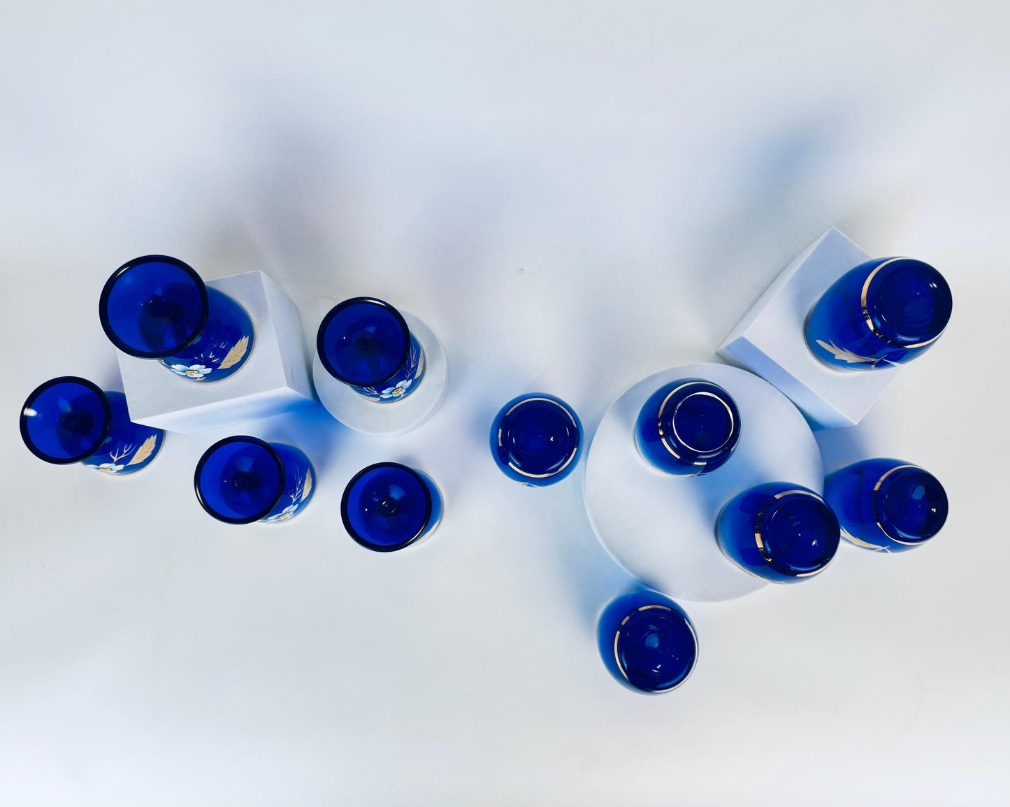 Product image for 'vintage cobalt blue glassware hand painted flowers gold rim small goblet and tumbler set' (view cf4622)