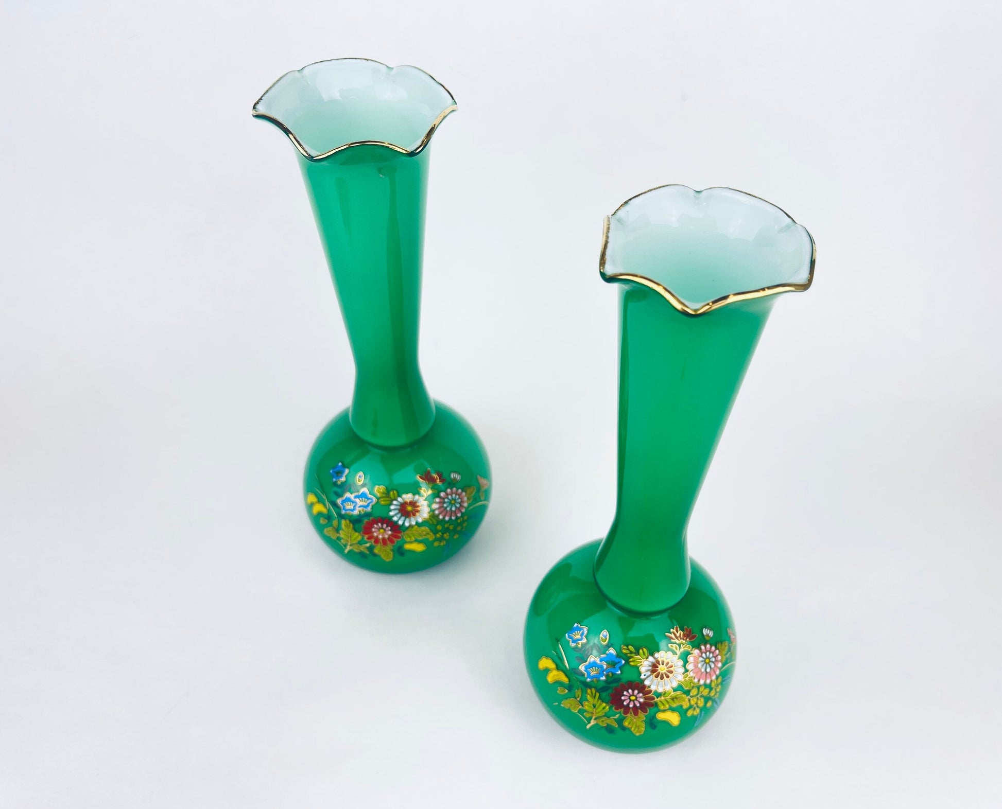 Product image for 'vintage glass bud vases set of two 2 hand painted enamelled flowers gold rim top pattern made in japan' (view a06ed1)