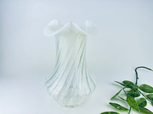 Product image for 'vintage white striped opalescent vaseline glass vase ruffled edge top' (view 77e4f7)