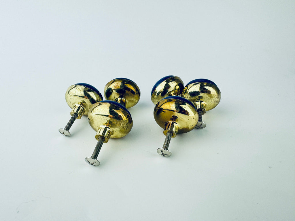 Product image for 'vintage 1980s blue plastic brass circular knob drawer pull hardware attractive aged brass patina' (view 5a9f6e)