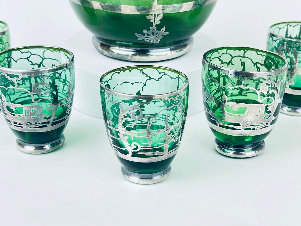 Product image for 'vintage emerald green silver overlay scene barware set glass decanter five 5 small shot glasses' (view dd94e5)