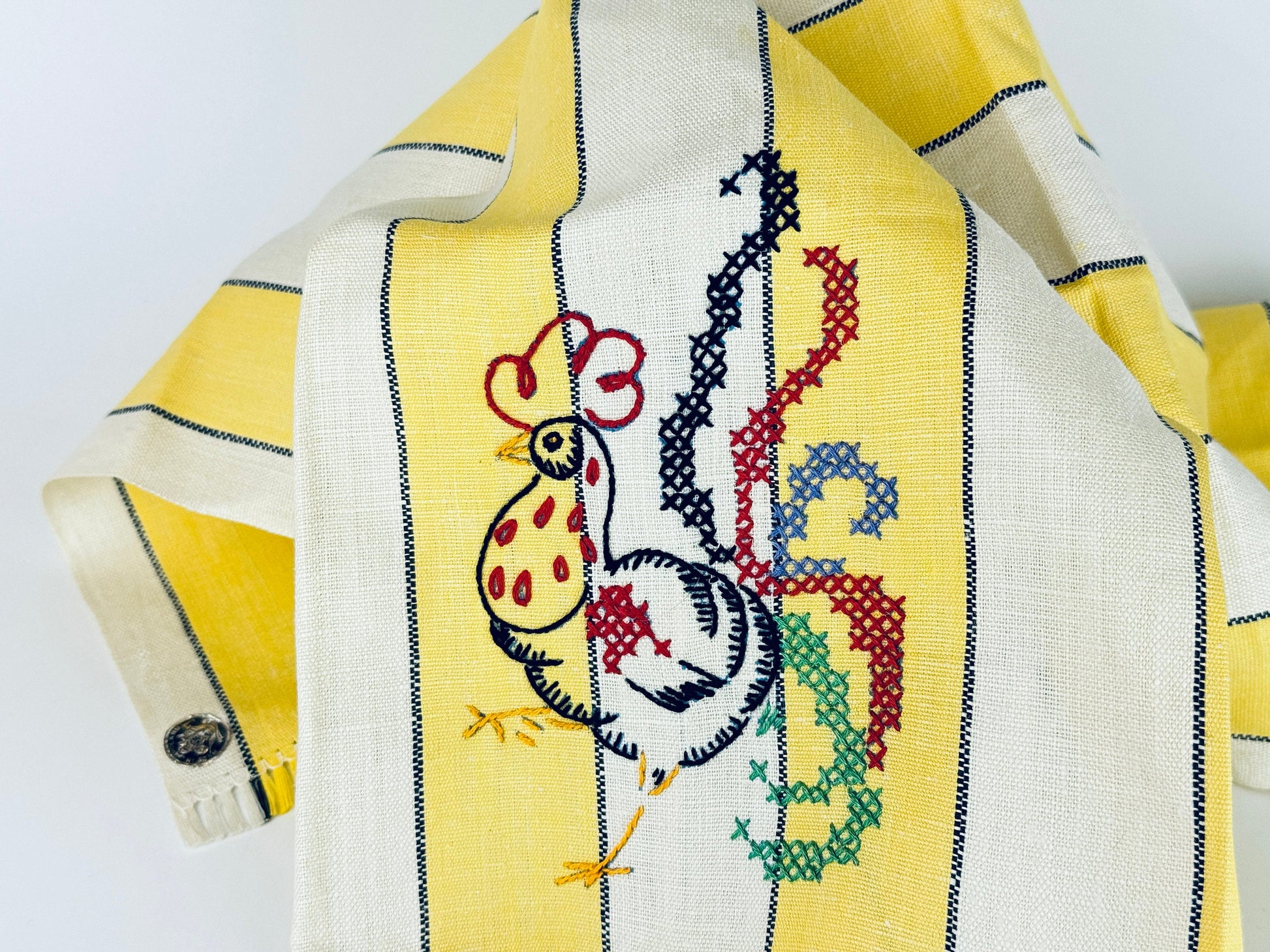 Product image for 'vintage yellow blue beige striped linen tea towel embroidered rooster front made in poland new old stock nos' (view 38a544)
