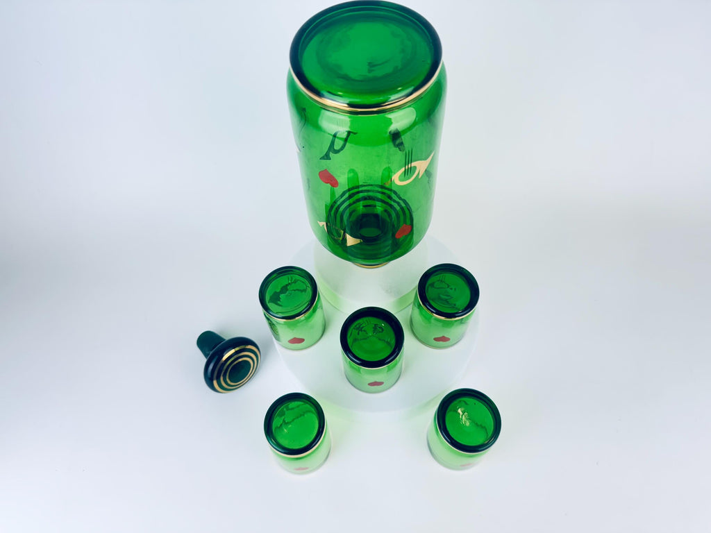 Product image for 'vintage mid century emerald green gold glass decanter shot glass set 1960s mcm heart trumpet barware' (view 017689)