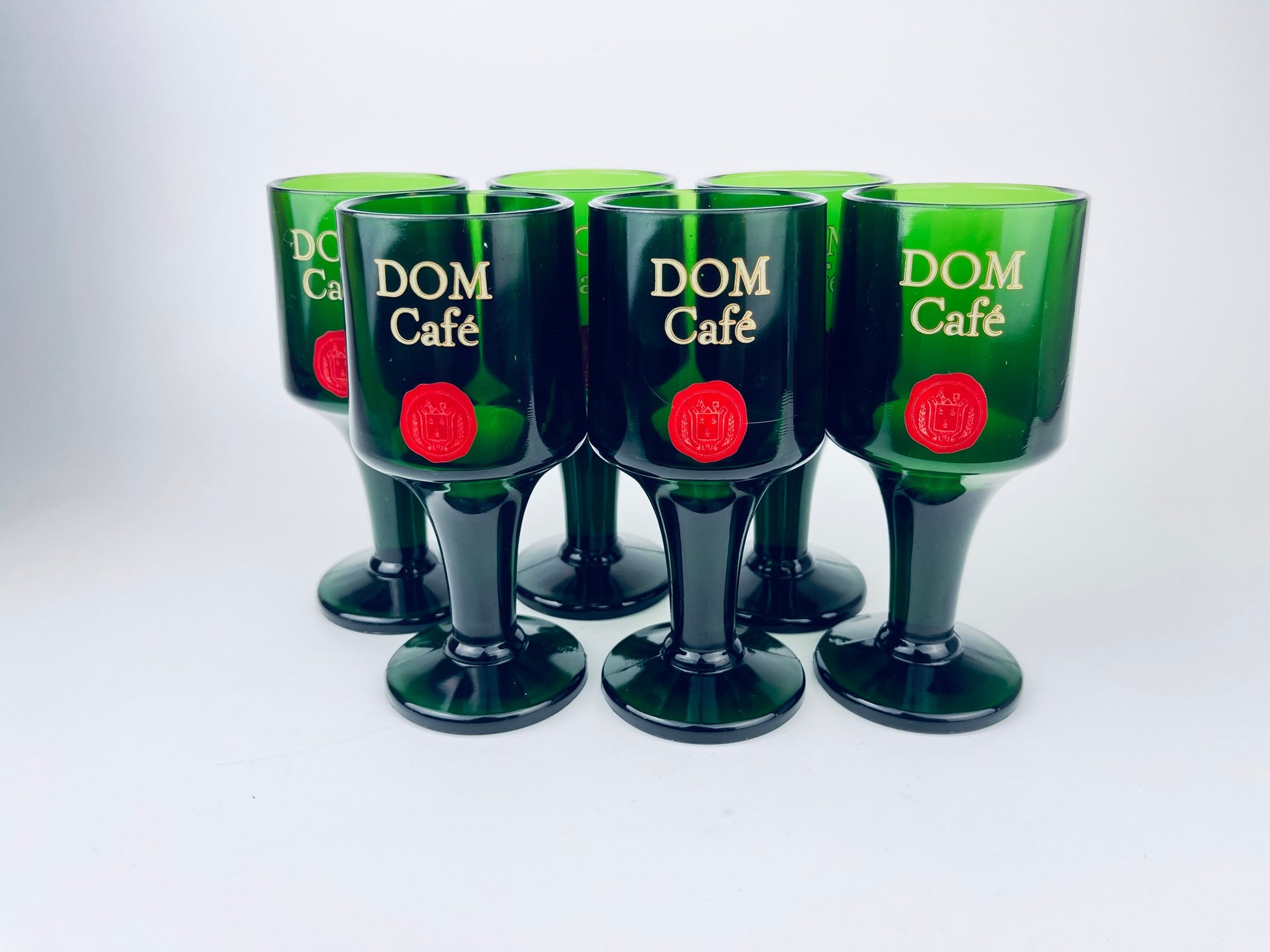 Product image for 'vintage 1970s mid century emerald green dom cafe glasses heavy pressed glass set of 6 liqueur wine goblets' (view c9804d)